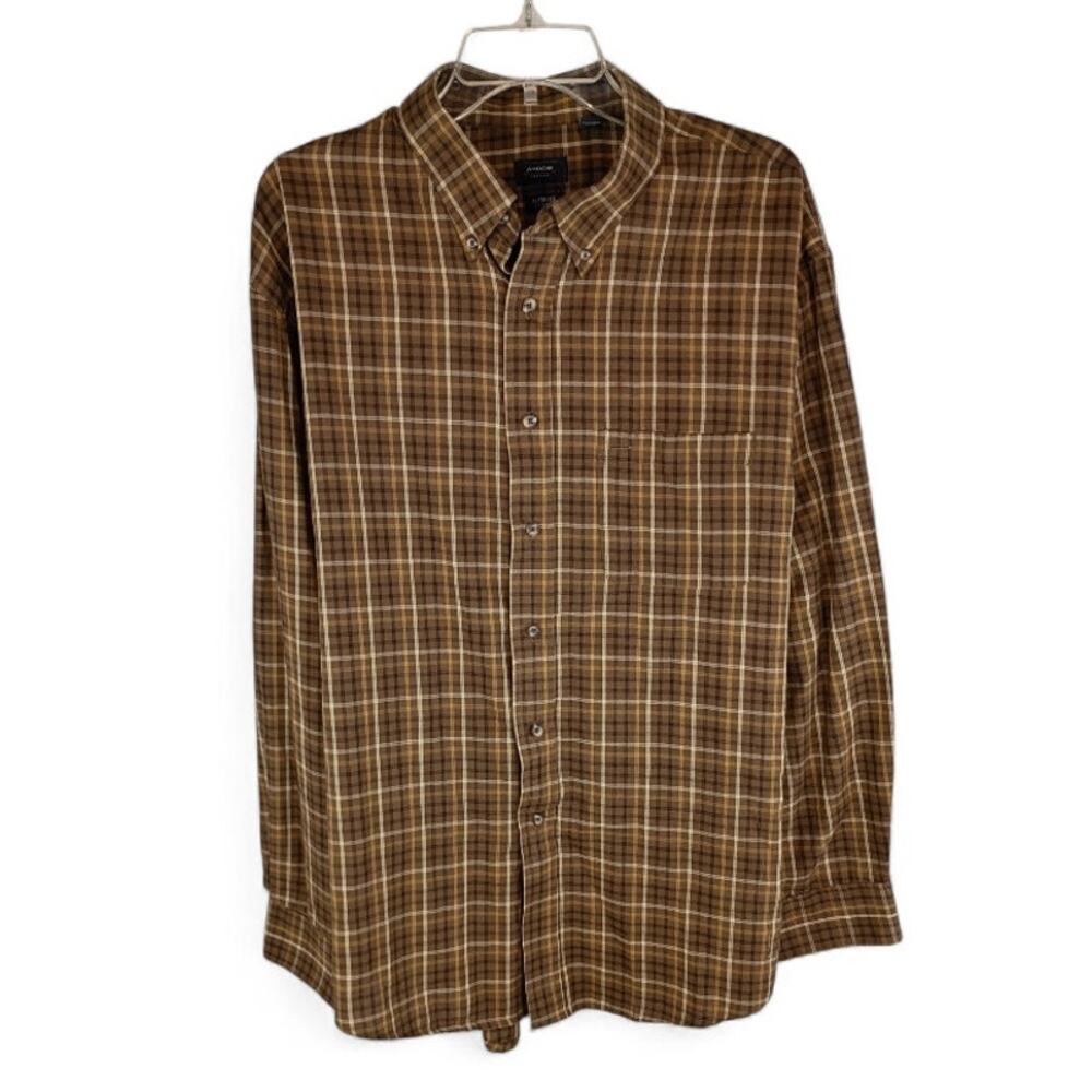 ARROW Men's Brown Plaid Shirt XL Cotton Polyester Office Casual